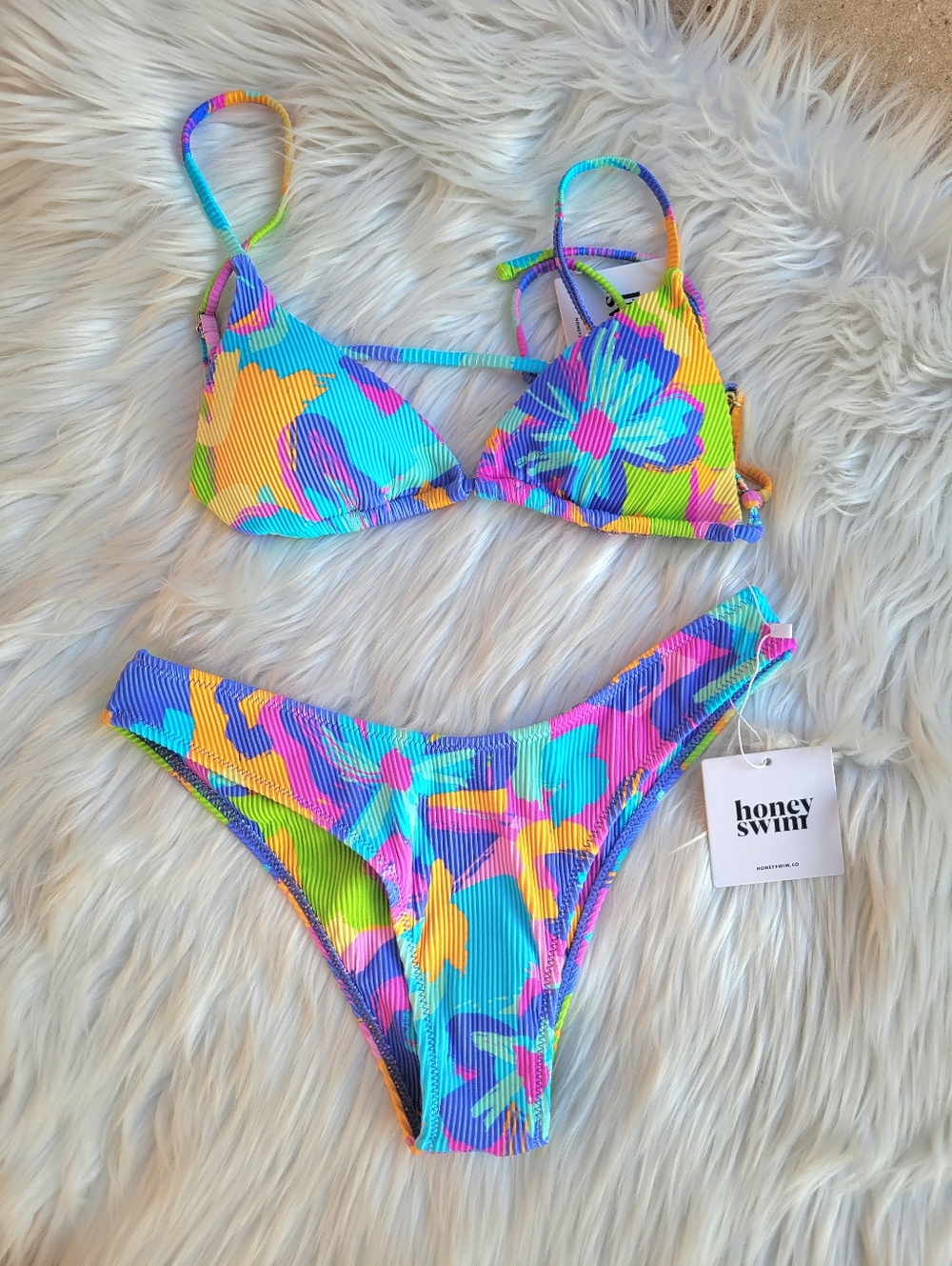 Honey Swim Multicolor Ribbed Triangle Bikini Set